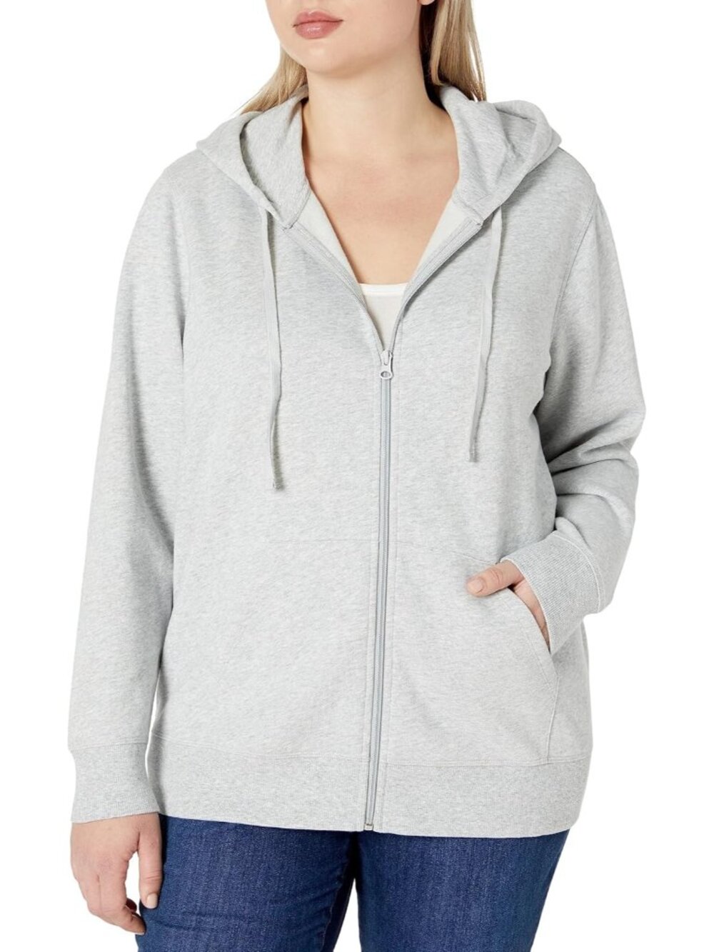 Women Light Grey French Terry Fleece Midweight Full Zip Hoodie With Drawstring